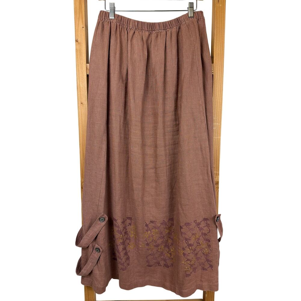Vintage Blue Fish Brick Red Linen Hand Printed Maxi Skirt Size LG / XL USA